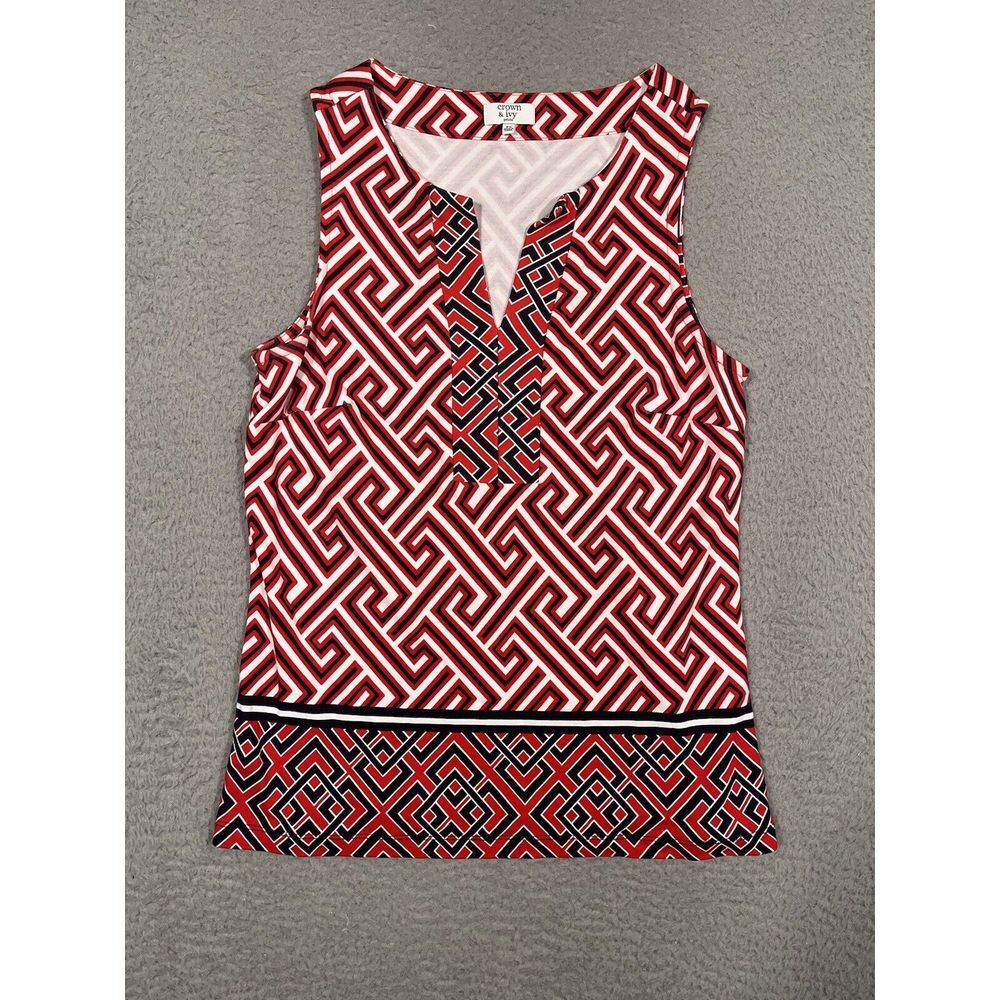 Crown & Ivy  Womens Tank Top Blouse Small PS Red White‎ Blue V-Neck Geometric